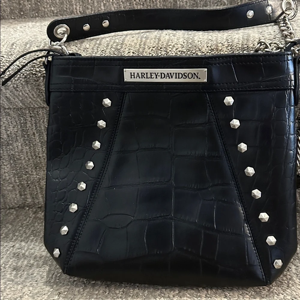 Harley Davidson genuine leather bag with alligator print studs and lepard print - Picture 2 of 10